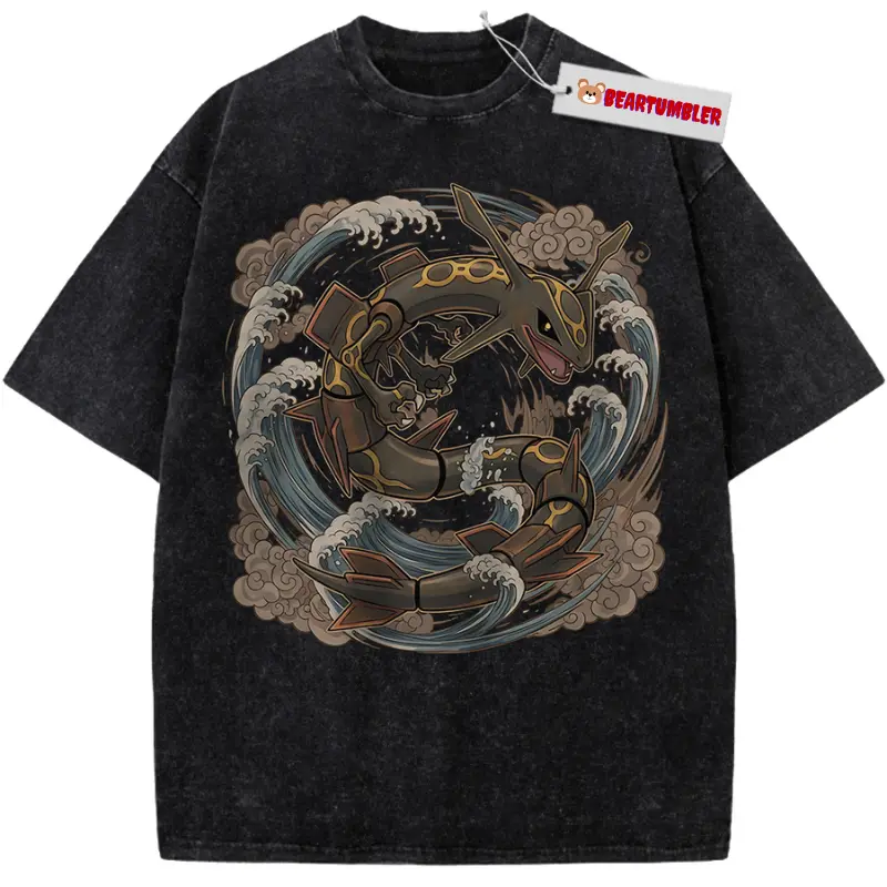Shiny Rayquaza Japanese Dragon T-Shirt, Retro PKM Anime Graphic, Vintage Ukiyo-e Wave Art, Y2K Otaku Streetwear, Unisex Cotton Crewneck T-Shirt Menswear Womenswear Streetwear Top