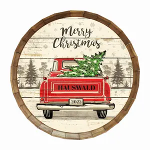 Custom Vintage Red Truck Christmas-Themed Wooden Barrel Top Tavern Sign, Festive Home Decoration, Indoor Room Accent
