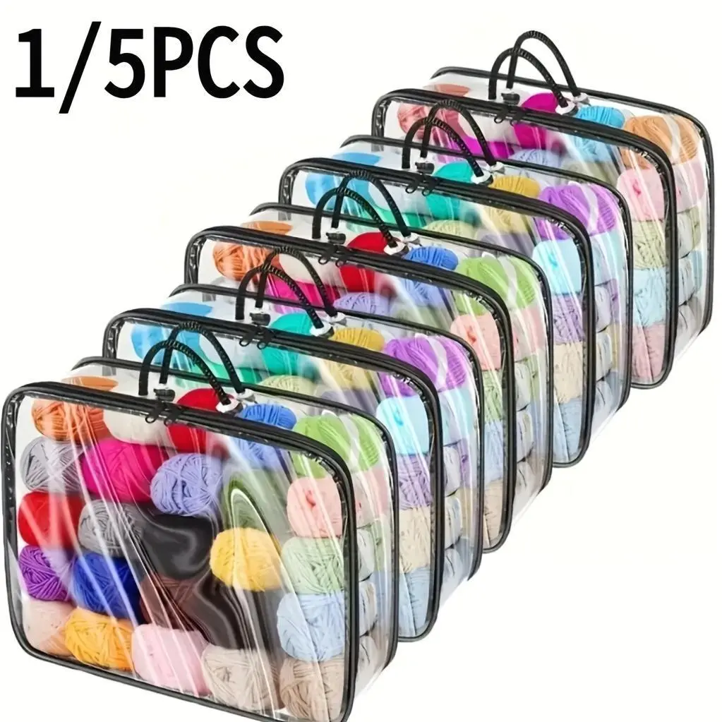 1/5pcs Large Capacity Transparent And Thick Yarn Storage Bag - The Perfect Wardrobe Organizer, Suitable for Storing Yarn, Miscellaneous Items, Blankets, Building Blocks, Etc., A Space Saving Storage Solution, PVC Durable Storage Bag, Seasonal Item
