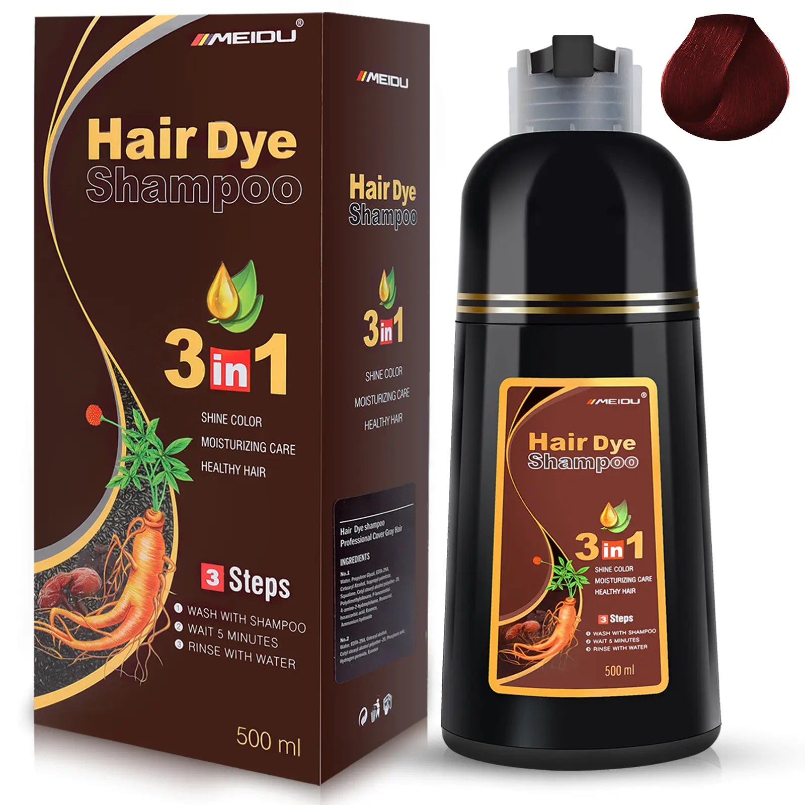 MEIDU Wine Red Hair Dye Shampoo 3 in 1 - Herbal Ingredients Natural Shampoo, Natural Haircoloring,Plant Haircare, black hairdye, Salon