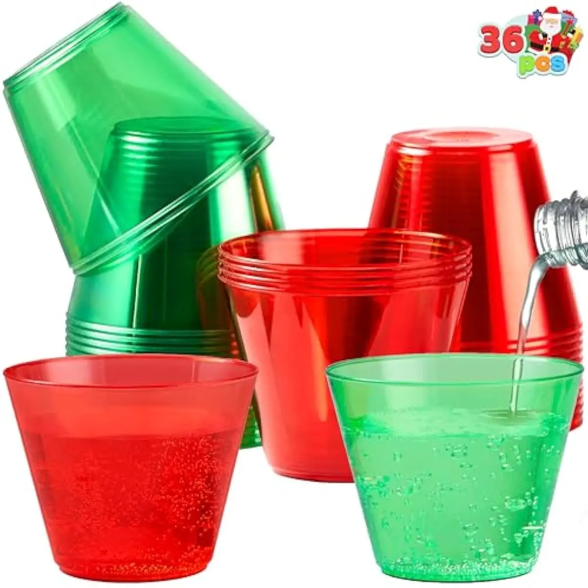 36 PCS Clear Disposable Plastic Cups, 9 OZ Christmas Red and Green Drinking Cups, Plastic Wine Glasses for Xmas Party Supplies, Wedding, Thanksgiving, Birthday, Holiday, New Year