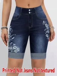 Women's Printed Floral Skinny Fit Pants, Non-Denim Fabric, Five-Pocket Shorts, Imitation Denim Print, Four-Season Wearable Bottoms, Womenswear