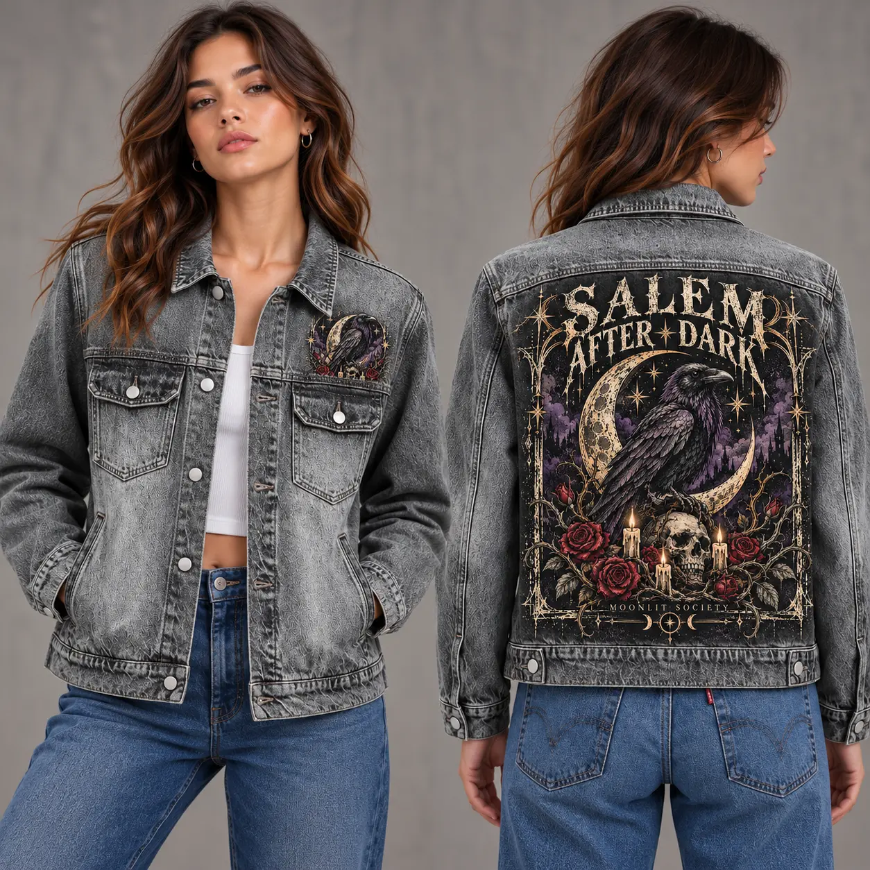 Custom Salem Witch Denim Jacket, Gothic Raven Skull Rose Printed Washed Jean Jacket With Front and Back Print, Women's
