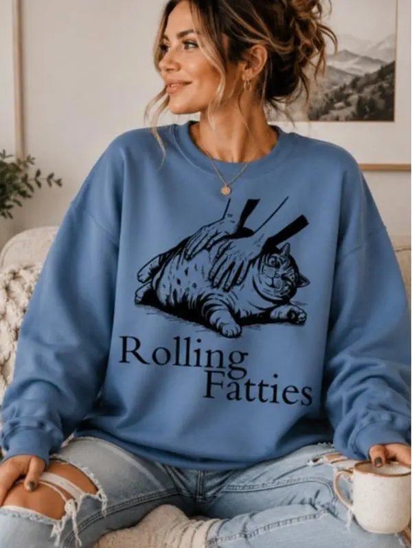 Rolling Fatties Funny Fat Cat Lover Sweatshirt Loose Fit Pullover Casual Long Sleeve Soft Style Women's Tops Crewneck Unisex Poly/Cotton Blend Clothing