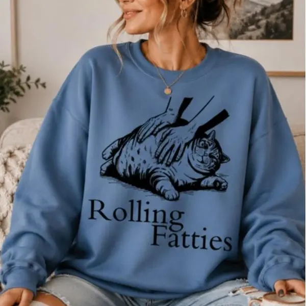 Rolling Fatties Funny Fat Cat Lover Sweatshirt Loose Fit Pullover Casual Long Sleeve Soft Style Women's Tops Crewneck Unisex Poly/Cotton Blend Clothing