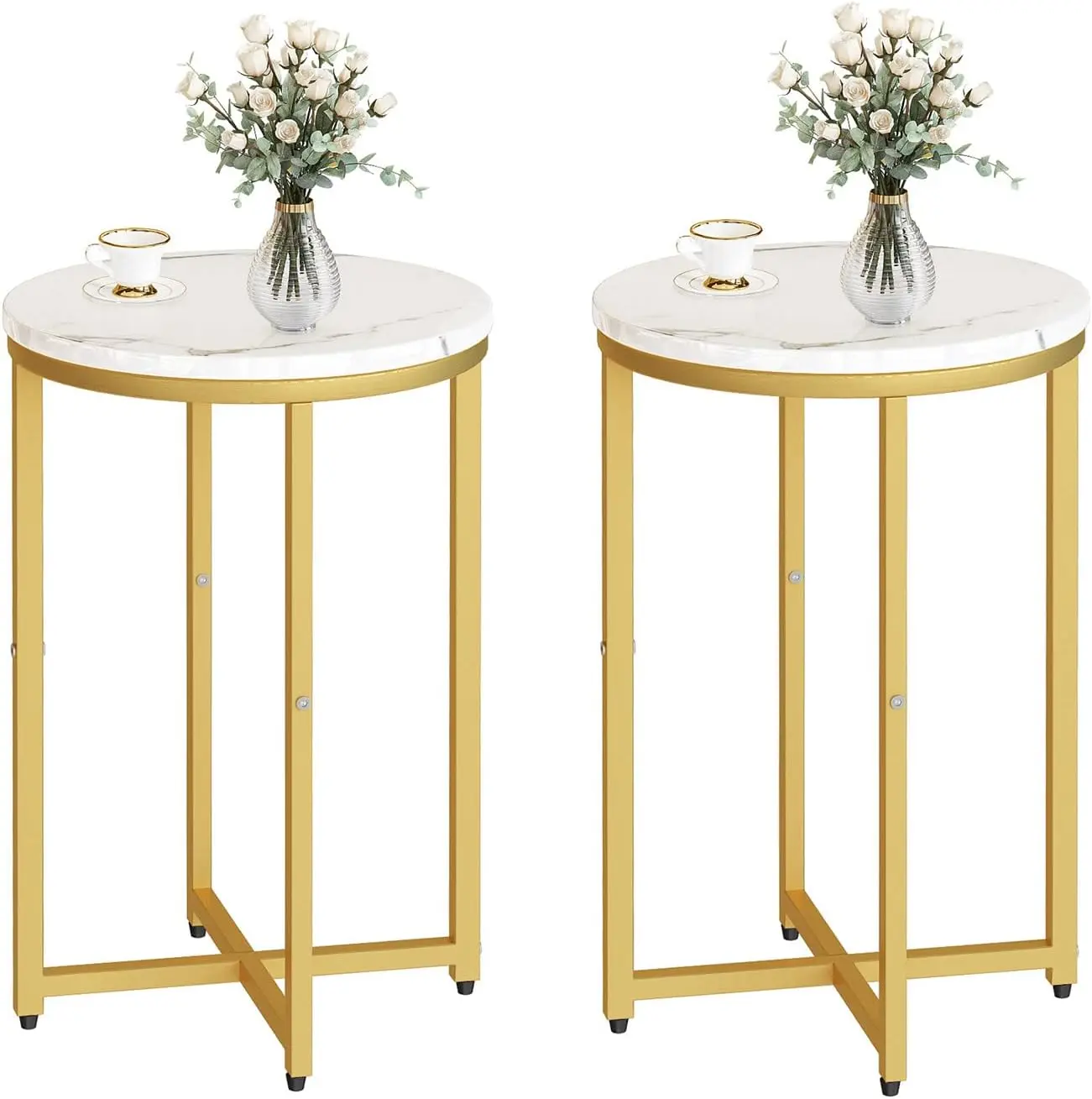 Hooseng Round Side Table, 2 PCS Faux Marble White Round End Table Small Round Table Modern Home Decor Accent Tables for Small Spaces, Living Room, Dining Room, Bedroom, Bedside, Tea, Coffee