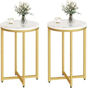 Hooseng Round Side Table, 2 PCS Faux Marble White Round End Table Small Round Table Modern Home Decor Accent Tables for Small Spaces, Living Room, Dining Room, Bedroom, Bedside, Tea, Coffee