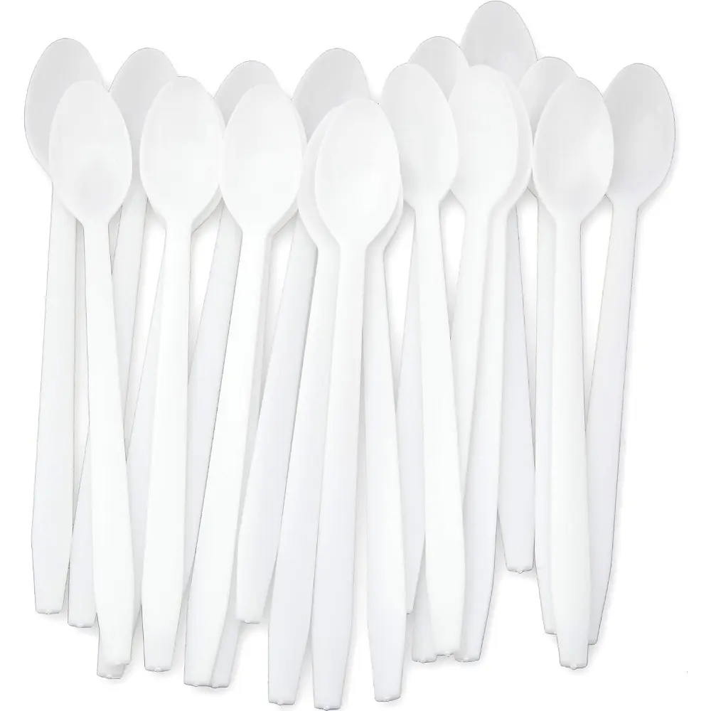8 in Ergonomic Premium White Sundae Spoons (50 Pack) - Sturdy, Heavy-Duty Disposable Plastic Scoop Utensils with Raised Edge for Ice Cream, Festivals, Dessert Bar Owners, Long Spoon
