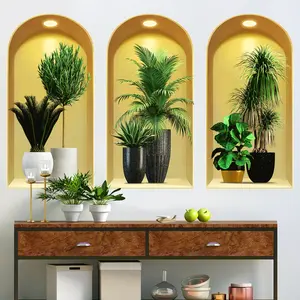 3-piece set, Nordic green plant themed simulated arched window flower basin wall sticker, self-adhesive removable decorative sticker, suitable for wall decoration in living rooms, dining rooms, and study rooms