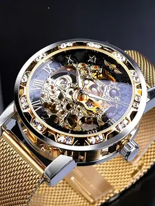 Men's Mechanical Watch, Skeleton Watch, Hollow Design, Casual Business Style, Mineral Glass Dial, Alloy Case, Round Face, Buckle Closure, All Seasons