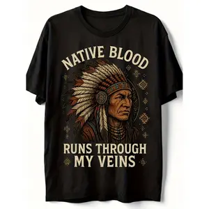 Native Blood Flows Through My Veins Tribal Heritage T Shirt - Native American Pride Cultural Retro Pure Cotton Tee for Men and Women Powwows