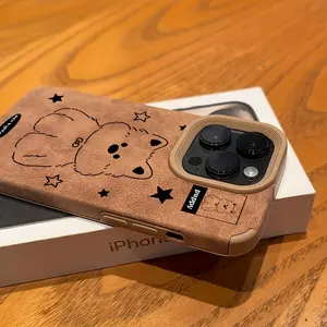 Cute Retro Bear Star Phone Case for iPhone 17/16/15 Pro Max/14 Plus/13/12/11 Pro/Air| TPU + Faux Suede, Anti-Fingerprint Drop Protection Soft Case