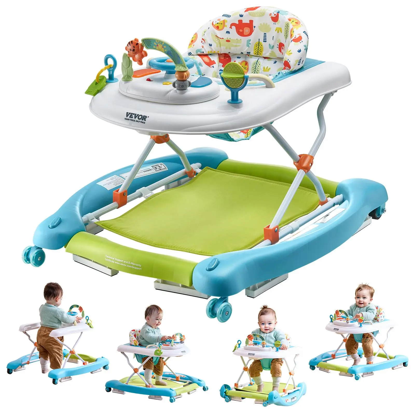 【Father's Day】VEVOR 4-in-1 Baby Walker,  Foldable Baby Activity Center on Wheels, 3 Adjustable Height, Music & Toys Tray, Learning-Seated | Walk-Behind | Rocker | Bouncer Toddler Walker for Girls Boys 6-24 Months