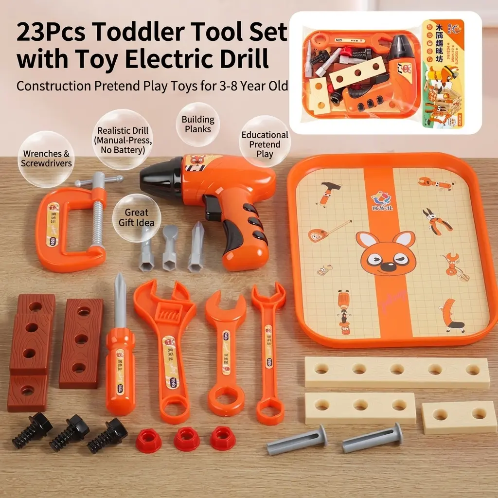 23Pcs Toddler Tool Kit - ABS Plastic Wood Toy Set with Electric Drill, STEM Learning Toddler Learning Activities for 3-8 Years, Water-Play Construction Pretend Play Preschool Gift
