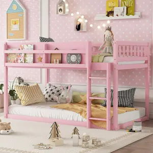 Low Twin Over Twin Bunk Bed, Floor Bunk Bed with Ladder, Solid Wood Twin Bunk Bed for Kids & Juniors (Expect Arrival Date 2025/11/25)