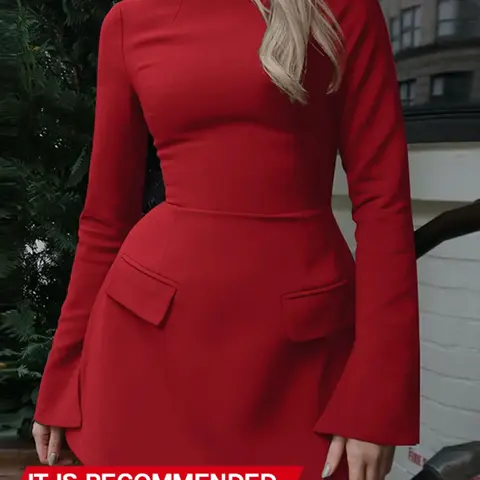 Women's Plain Split Flounce Sleeve Flap Detail A Line Dress, Elegant Chic Long Sleeve Stand Collar Short Dress for Party Holiday Wedding Guest, Ladies Spring & Fall Clothes, Fit, Womenswear, Wedding Guest Dresses