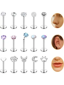 15PCS 18G Stainless Steel Lip Studs for Women Internally Threaded Labret Lip Ring CZ Opal Flat Back Nose Rings Stud Cartilage Helix Tragus Earrings Piercing