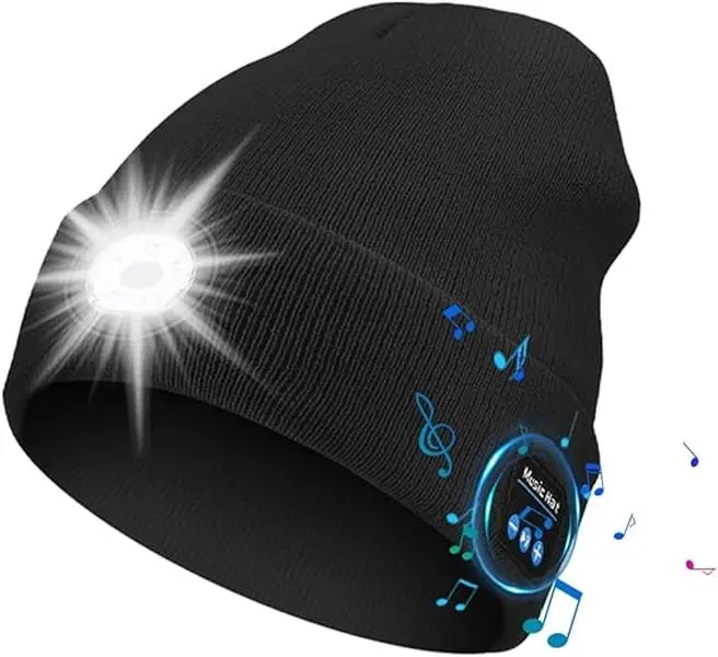 FEITAI Warm LED Lighted Beanies for Women & Men, Soft Acrylic Blend Bluetooth Hat with USB Rechargeable 6-LED Headlamp for Outdoors
