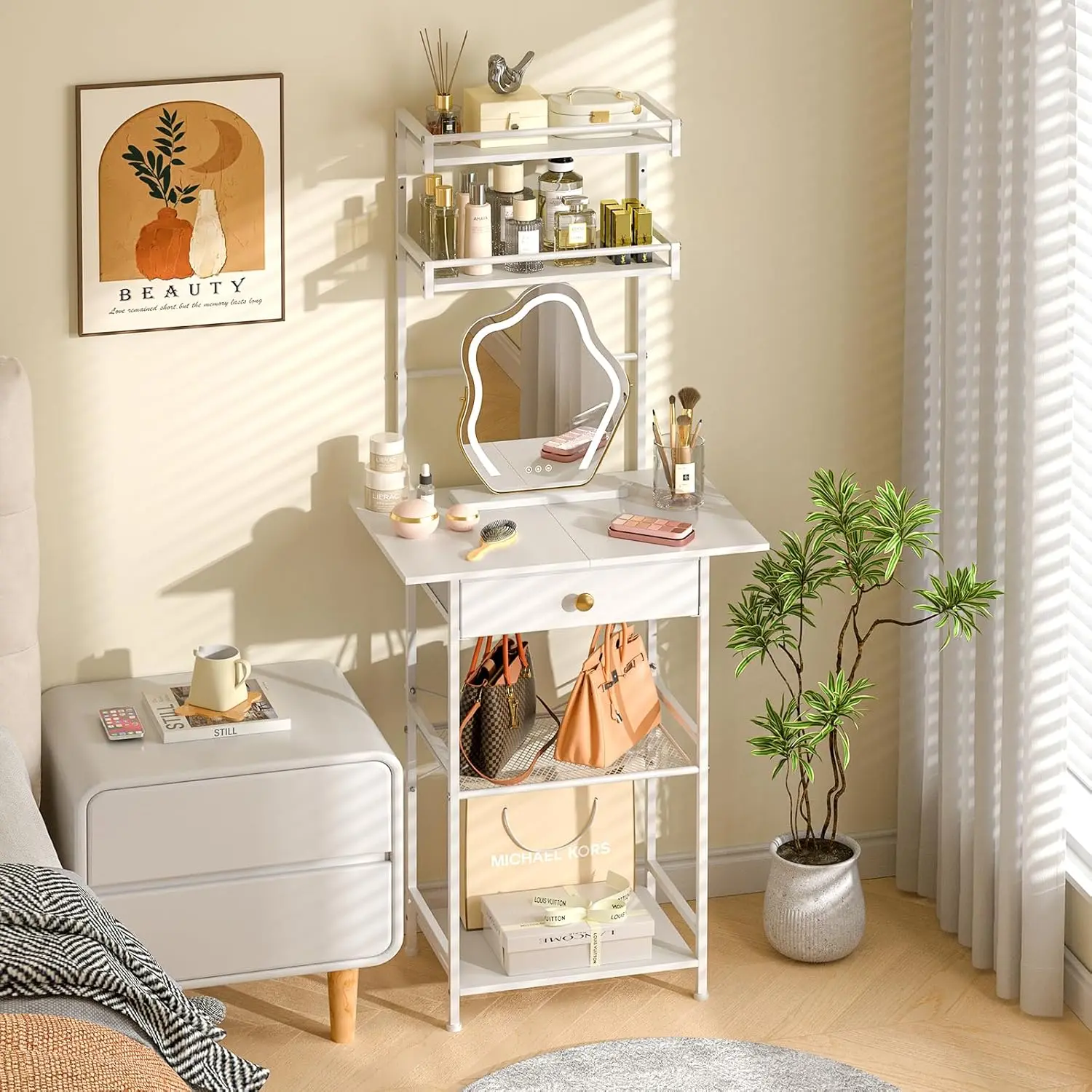 Small Vanity Desk Without Mirror, Makeup Vanity Table for Small Space, Compact White Dressing Table with Fabric Drawers, Makeup Vanity with Storage for Bedroom, White, 23.6inW