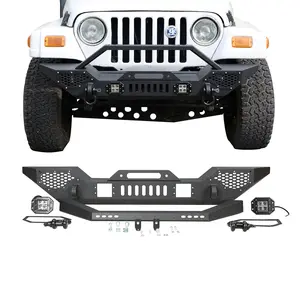 Garvee Front Bumper Compatible with Wrangler TJ 1997-2006 (2/4 Doors), Full Width Off-Road Rock Crawler Bumper with 2 x LED Lights, Heavy Duty Steel, Black