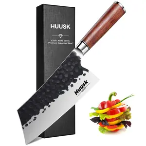Huusk Cleaver Knife, 7" Japanese Professional Kitchen Knife, High Carbon Steel Sharp Chef Knife for Meat and Vegetable Chopping Knife with Ergonomic Rosewood Handle Gift Box for Dad