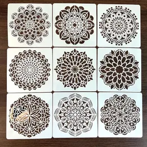 Mandala Pattern Painting Stencil, 9 Counts/set Reusable Rock Painting Template, DIY Art Painting Supplies for Wood Wall Floor Furniture Tile Fabric