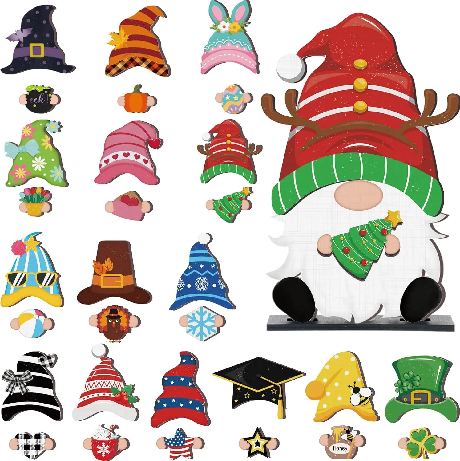 32-Piece DIY Christmas Interchangeable Wooden Gnome Ornaments Set with Magnetic Pieces & Welcome Sign, Festive Tiered Tray Home Decorations