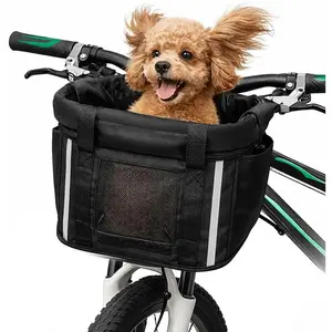 Bike Basket, Folding Small Pet Cat Dog Carrier Front Removable Bicycle Handlebar Basket Quick Release Easy Install Detachable Cycling Bag Mountain Picnic Shopping