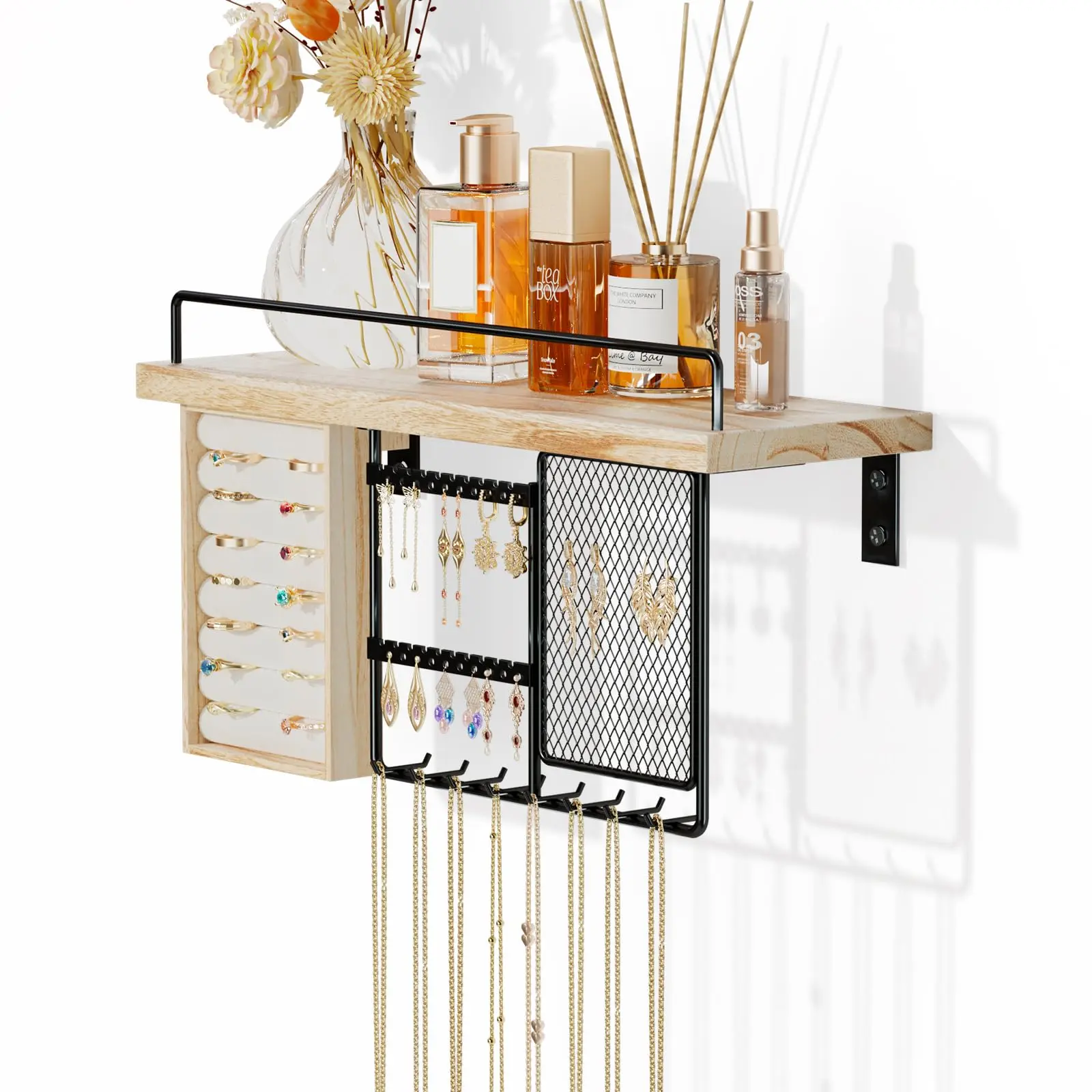 Wall Mounted Hanging Jewelry Organizer with Wood Shelf, Wall Jewelry Holder with Hooks for Ring Earring Bracelets Necklaces Display