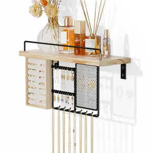 Wall Mounted Hanging Jewelry Organizer with Wood Shelf, Wall Jewelry Holder with Hooks for Ring Earring Bracelets Necklaces Display