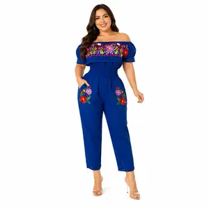 Campesino Embroidered Jumper Off-the-Shoulder Jumpsuit Floral Design Women's 100% Cotton Elastic Waist Pockets Black Pink Beige Blue Romper Everyday Fashion Bohemian Style