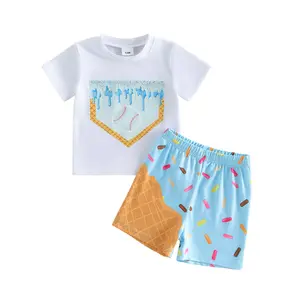 Toddler Baby Boy Summer Clothes Ice Cream Baseball Print Short Sleeves T Shirt Casual Shorts Outfit