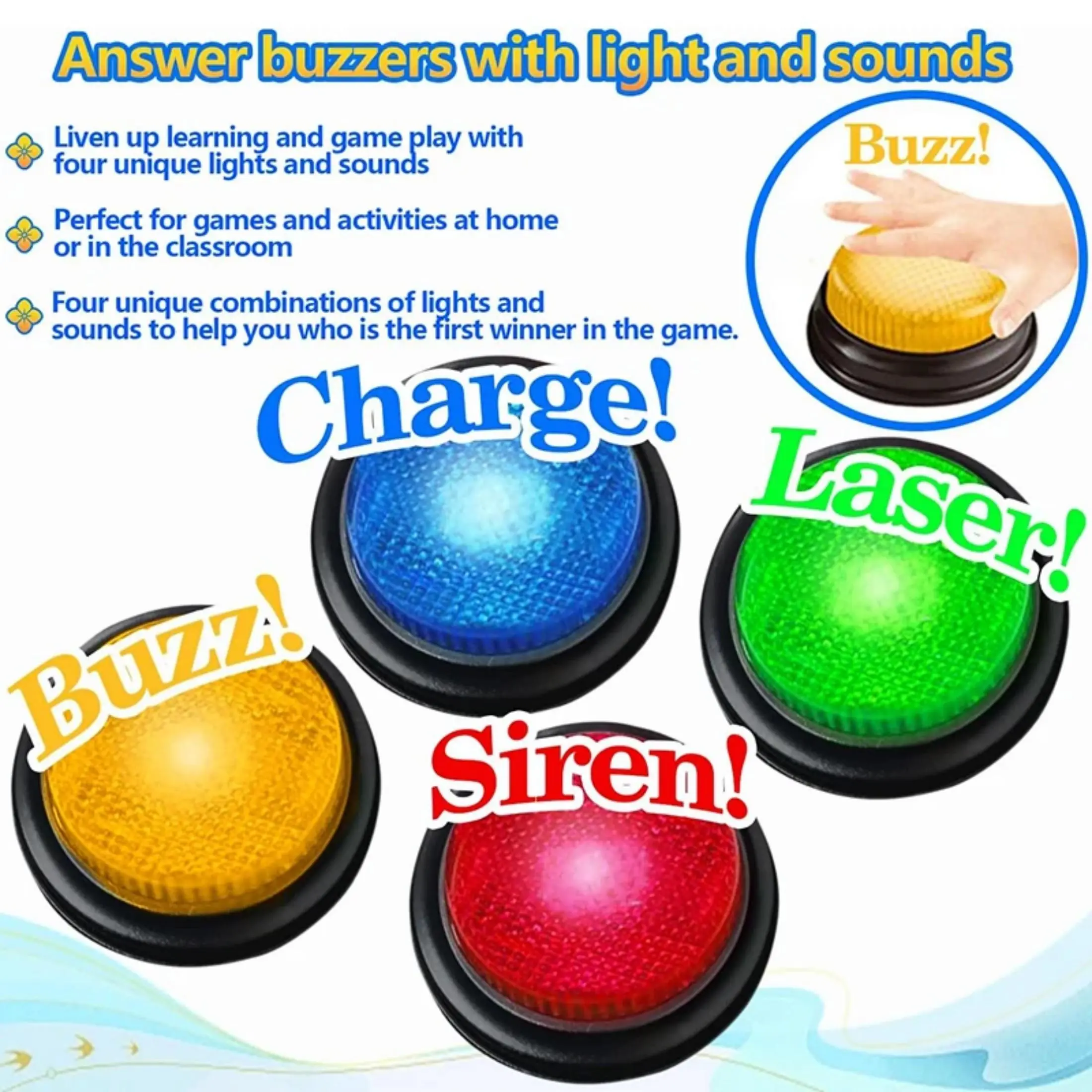 4-Pack Answer Buzzer Set for quick response, ideal for party trivia, classroom quizzes and family board games. Each button has unique light & sound effects. This versatile 4-color game buzzer works great for classroom, parties and group games.