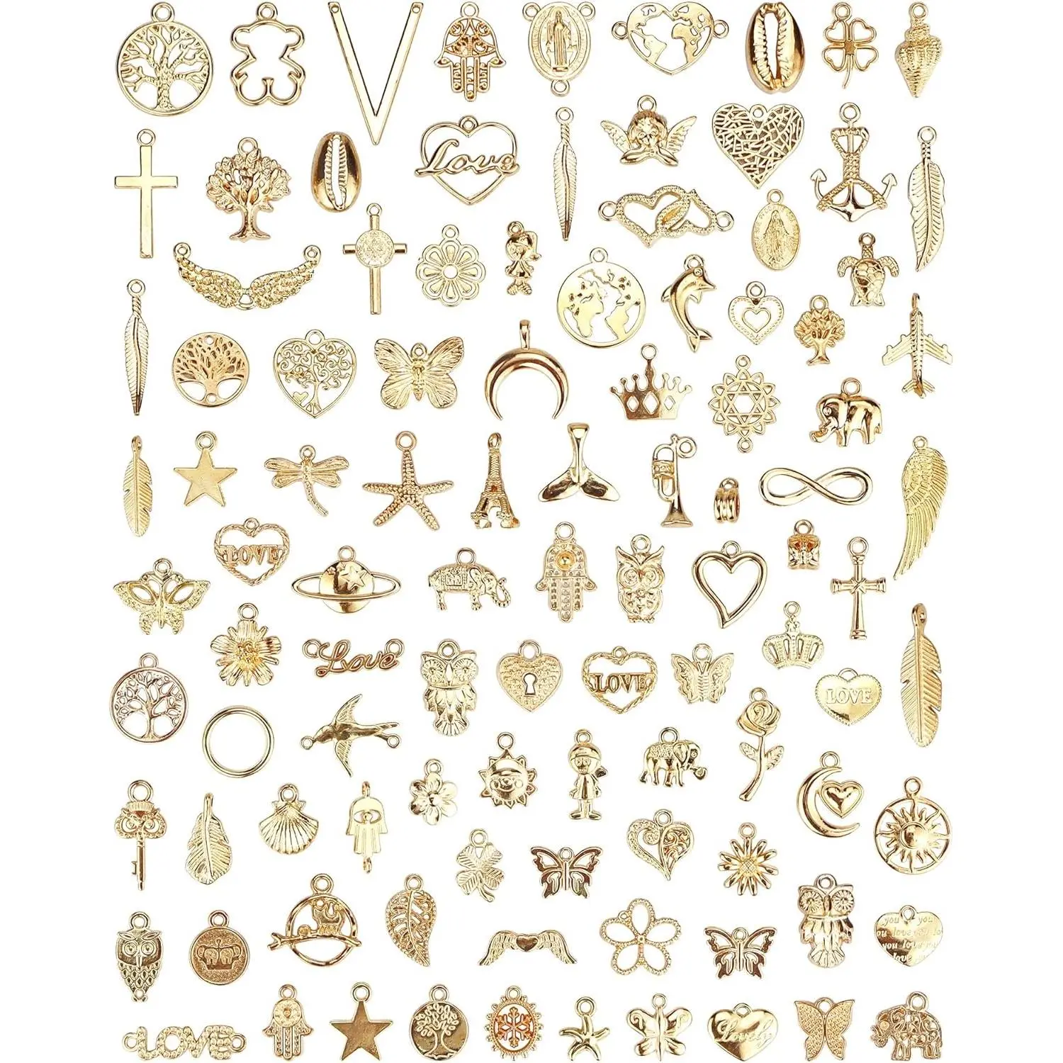 100-Count Wholesale Bulk Mixed Golden KC Alloy Charms Pendants - DIY Pendants for Necklace, Bracelet Making and Craft Supplies