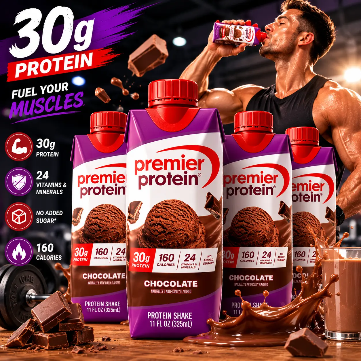 Pack of 4 Premier Protein Shake, Chocolate, 30g Protein, No Added Sugar, 24 Vitamins & Minerals to Support Immune Health, 11 fl oz, 4 Pack