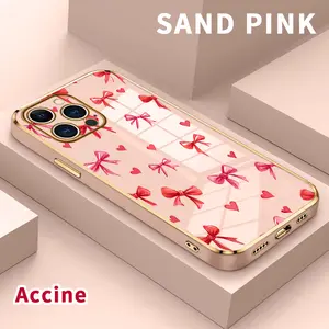 Soft TPU Mobile Phone Case for iPhone 15 Pro Max 16 14 Plus 13 12 11 Bows and Hearts Luxury Plating TPU Silicone Glossy Anti-Oil Cover Shell