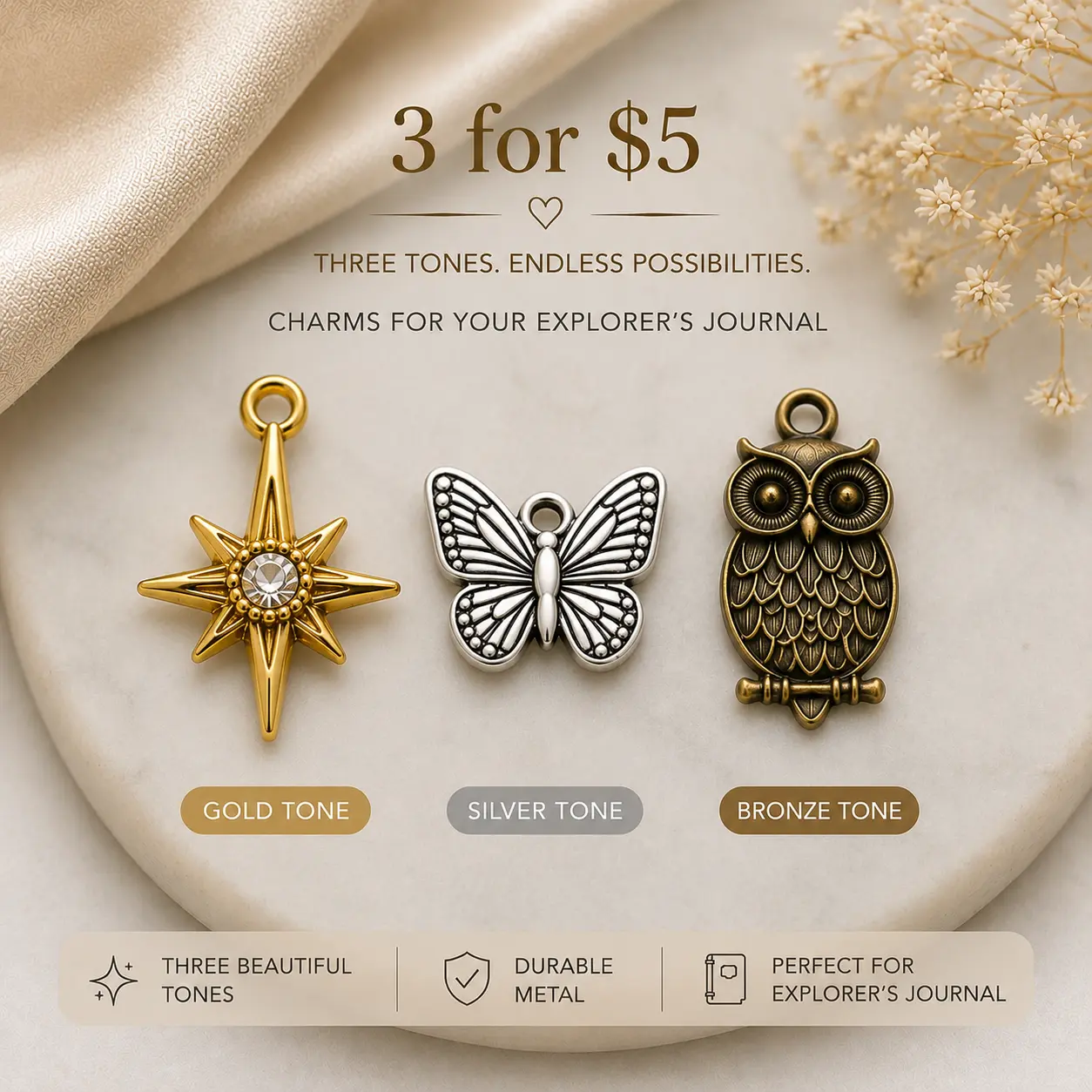 Explorer's Journal Charms.Add an unique touch to your journal., Adventure, Charms & Pendants, Durable Metal Construction