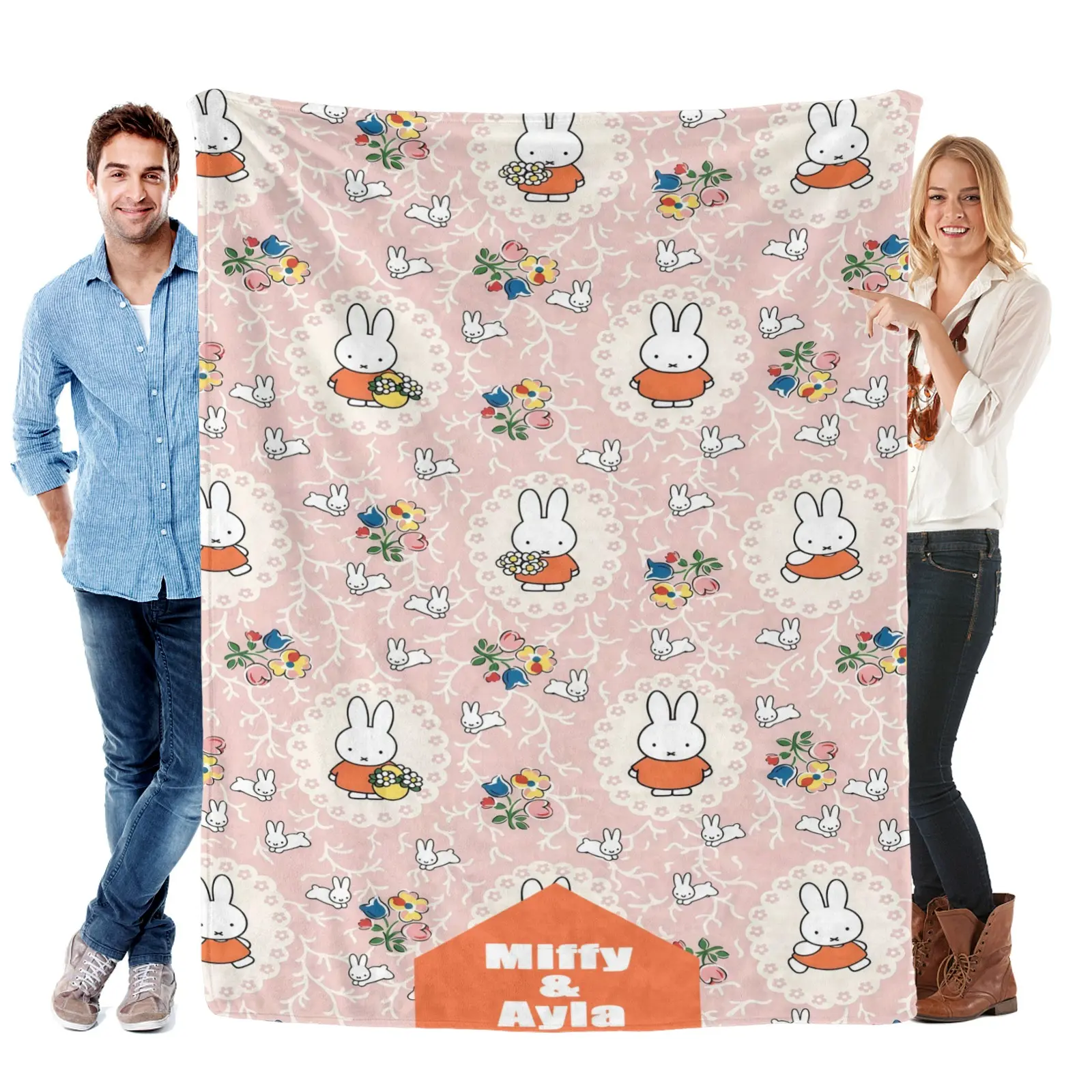 Personalized Miffy Cozy Cartoon Blanket - Customized Cute Character Graphic Blanket with Child's Name, Soft Rabbit Print Polyester Fabric, Machine Washable for Nursery Travel