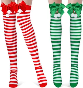 2 Pairs Christmas Striped Thigh High Socks Women Long Striped Socks Candy Cane High Stockings with Bow for Women and Girls