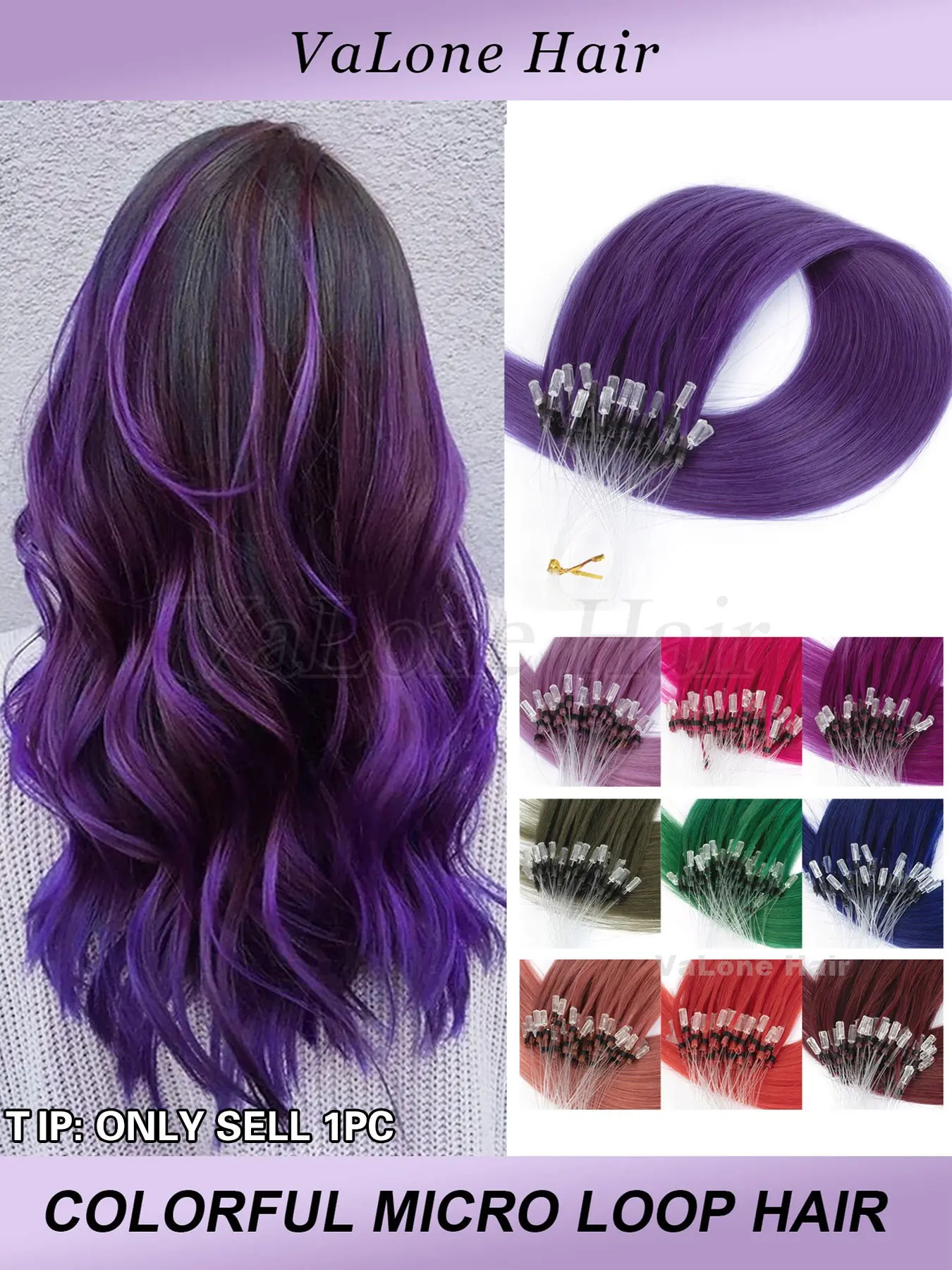 50pcs Micro Loop Hair Extensions - Colorful color chooice, red/pink/Green/ blue/purple/gray, Natural Straight Human Hair, Natural Straight Hairpiece, Easy Installation and No Glue Needed, Suitable for women Daily style and Festival colored decoration
