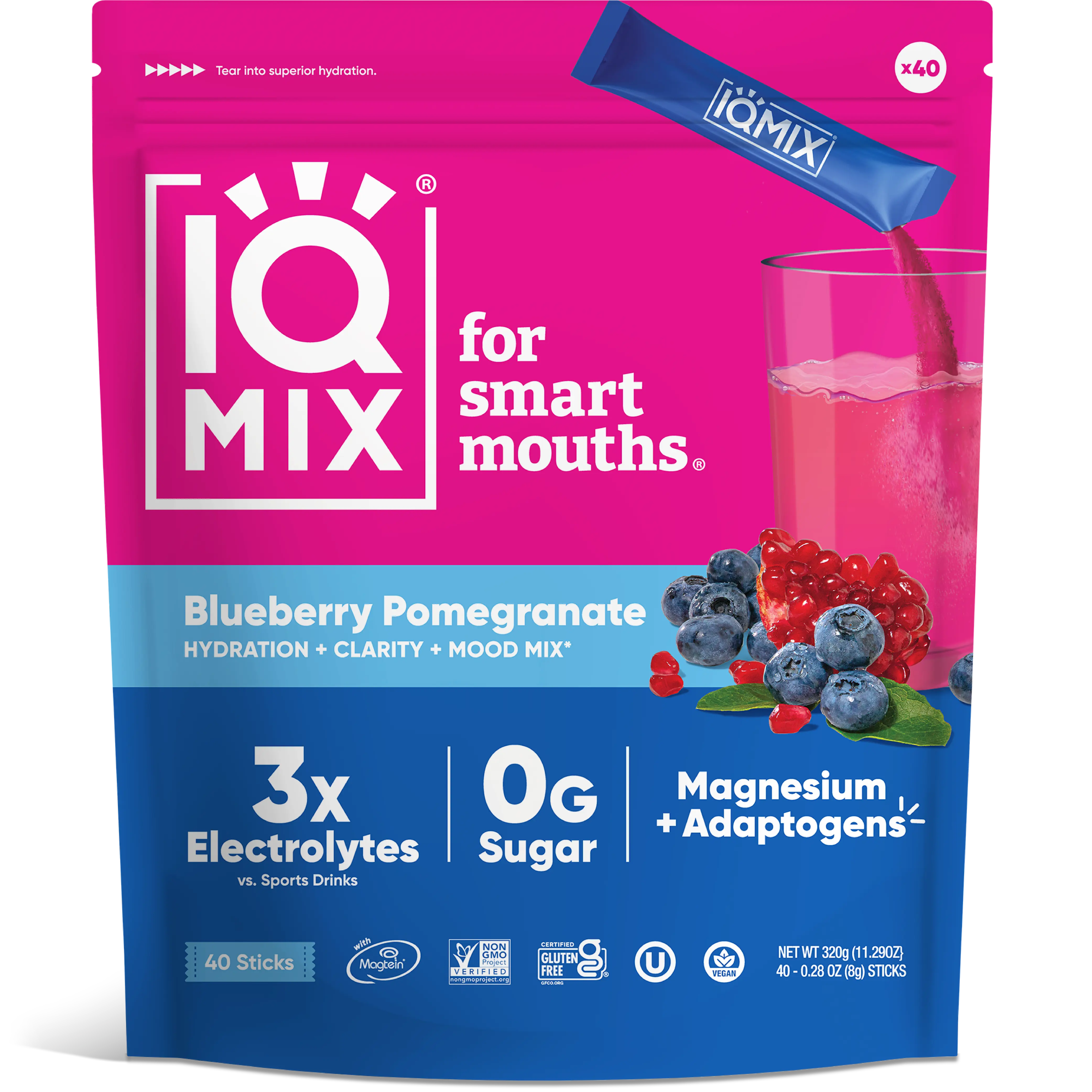 IQMIX Blueberry Pomegranate Vegan Hydration Supplement Powder Packets - 40 Sticks, Sugar-Free Electrolytes, Smooth & Vibrant Mixed Beverage Mix
