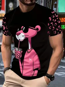 Leopard Print Graphic Trendy Men's T-Shirt, Fashion Street Style Design, Streetwear, Versatile Short Sleeve Top, Casual Fit, Fitted, All Seasons