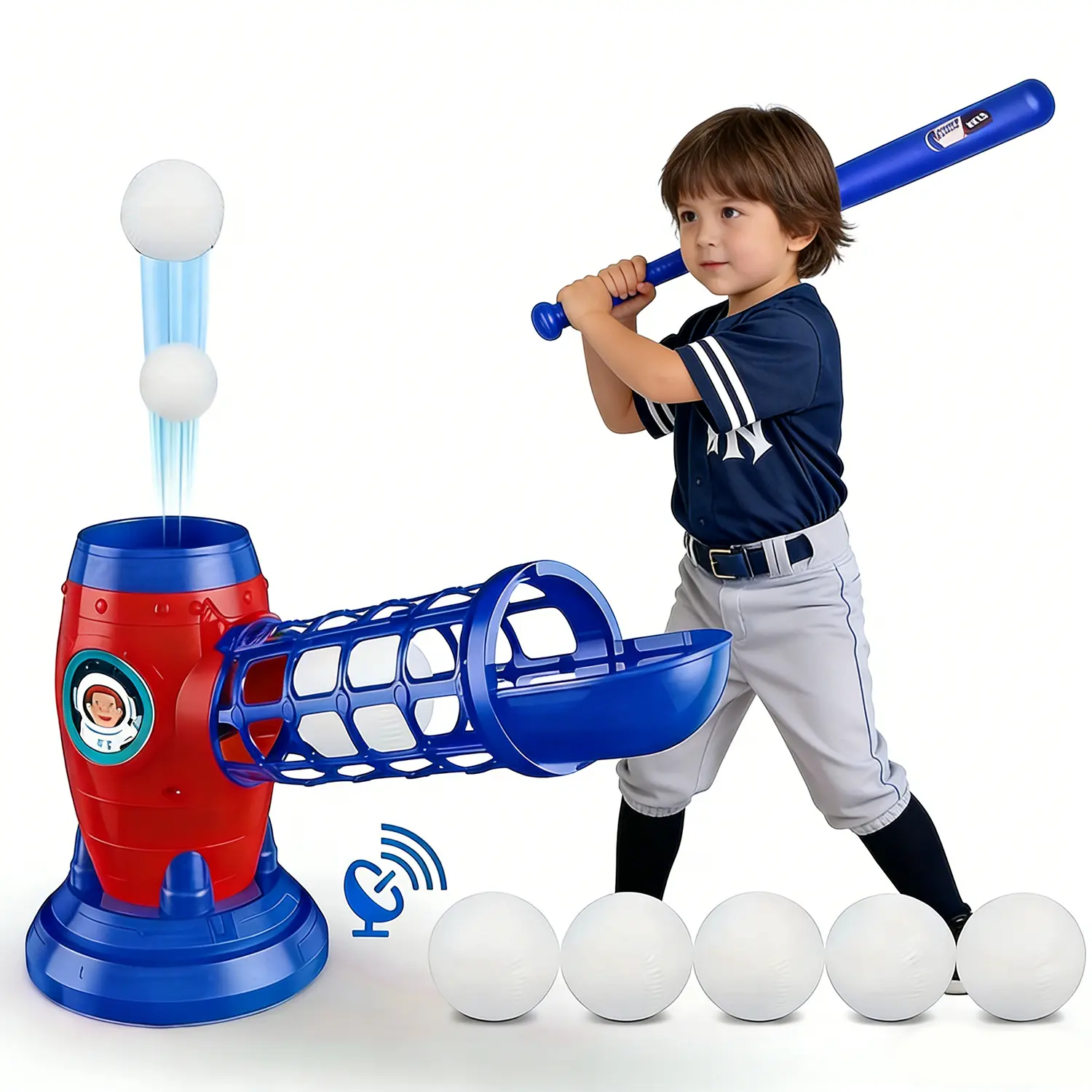 Automatic Pop-Up Baseball Launcher, Kids' Plastic T-Ball Training Equipment Set with Remote Control, Extendable Bat & 5 Balls, Develops Hand-Eye Coordination, Birthday Gift for Boys and Girls, Fine Motor Skills, Improve Hitting Skills, Automatic Launch, H
