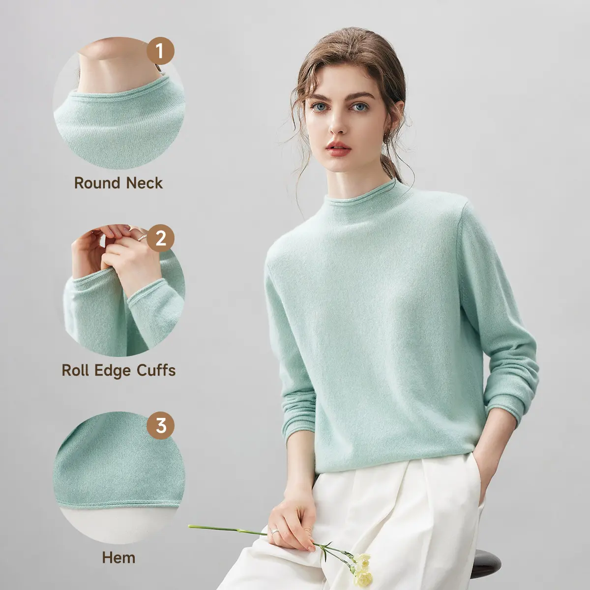 COMOBOCA Women's Chic 100% Cashmere Sweater - Minimalist Longsleeve Pullover, Lightweight Fitted Round Neck Top for Layering, Basic, Longsleeves, Tops, Knitwear, Crew Neck, Full Sleeves, Pure Cashmere, Breathable, Roll Edges, Slim Silhouette