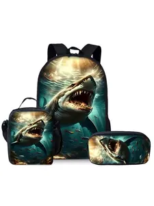 Shark pattern printed 17-inch backpack three-piece set (single-layer backpack + shoulder strap lunch bag + single-layer pencil bag)