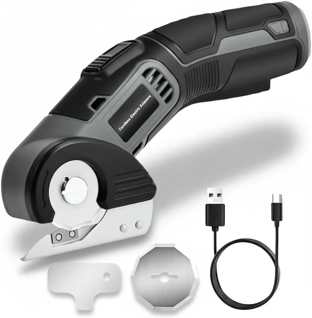 4V Cordless Electric Scissors, Lightweight Rotary Cutter with 2 Blades & USB Charging, for Cardboard Fabric Leather Carpet Plastic Rope Cutting, Safety Lock for Home DIY Craft Use