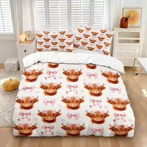 Coquette Highland Cow Duvet Cover Set, 1 Duvet Cover + 1/2 Pillowcases, No Filling, HD All Season Print, Pink Bow & Heart Cow Pattern, Soft Skin-Friendly Bedding for Girls Bedroom & Dorm