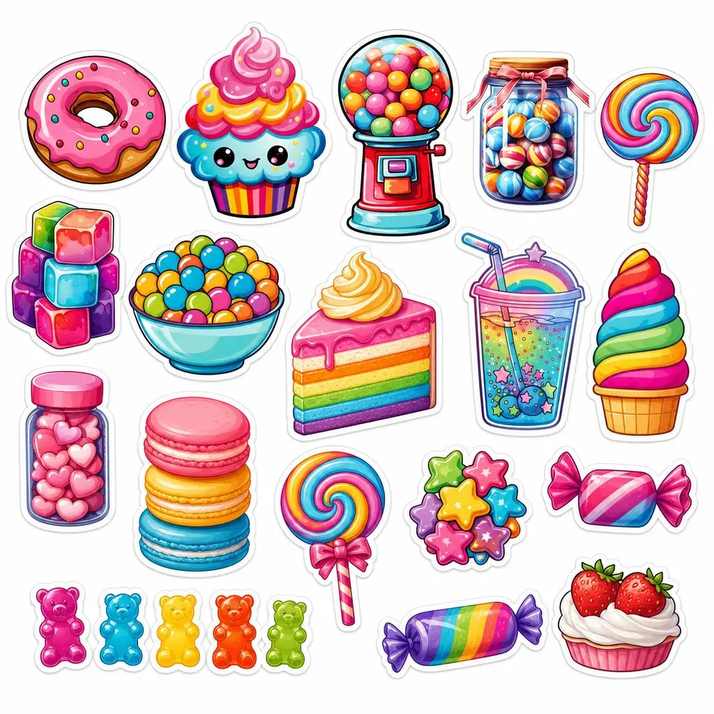 50Pcs Vibrant Cute Cartoon Candy Stickers - Waterproof Vinyl Sweet Treat Decals for Water Bottles, Journals, Luggage, DIY Crafts & Scrapbooking, Kawaii Collectibles for Kids, Aesthetic Kawaii