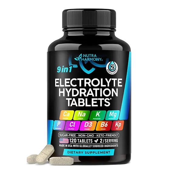 Electrolyte Tablets with Magnesium, Sodium, Potassium & Chloride, Electrolyte Supplement with Vitamins D3, B6 & Kelp Powder, Hydration, Muscle Recovery & Energy Support, Vegan, Keto Friendly, 120 Tablets