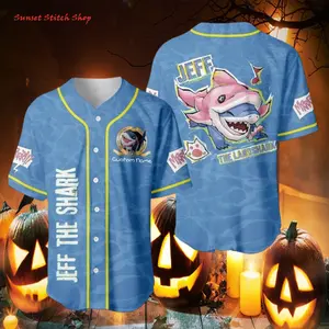 Fun Cartoon Style / Soft Breathable Polyester / For Shark Lovers & Baseball Fans / Jeff the Shark Custom Baseball Jersey / Casual Wear, Gifts / #SharkJersey #BaseballJersey #JeffTheShark